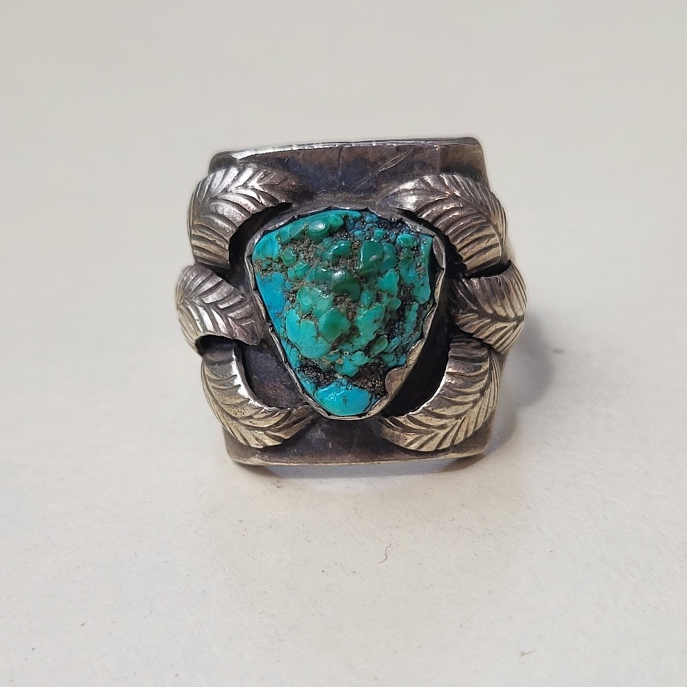 925 Sterling Silver Vintage Turquoise Ring Size 11 Silver Leaf Southwestern Mens